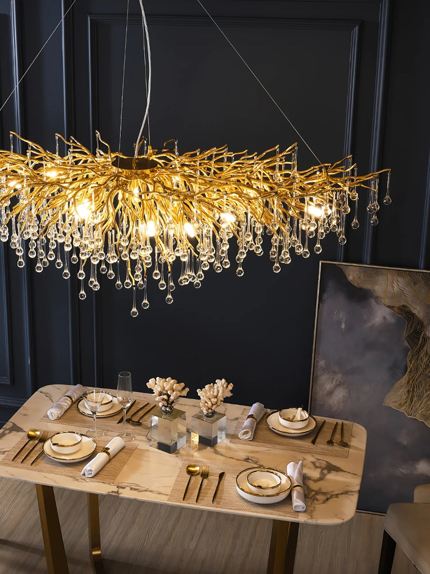 Lustre Doré en Cristal Goutte Transparent