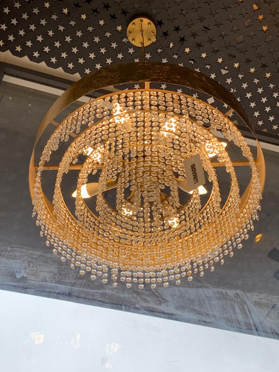 Lustre Suspendu Rond en Cristal Doré